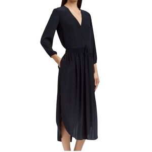 James Perse Navy Silk Sheath Dress Sz 2 Midi V-neck Minimalist Business Casual